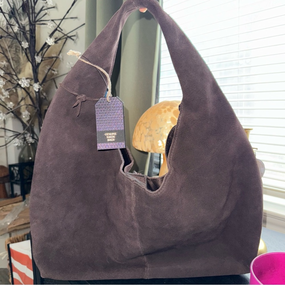 Genuine Brown Leather Suede Hobo Bag